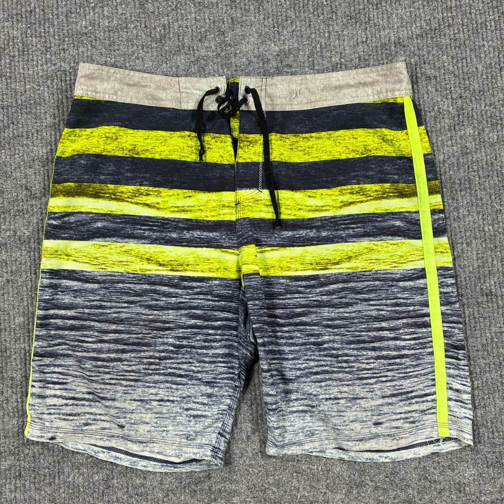 Hurley Phantom Board Shorts Mens Size 38" Neon Yellow Gray Striped Surf Swim